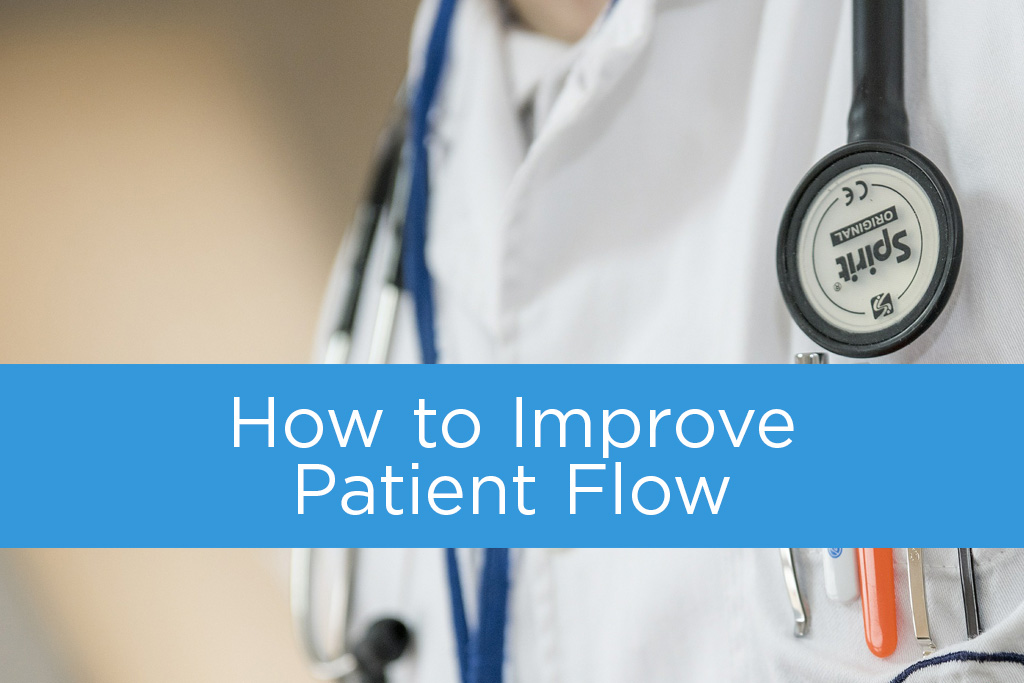 up close of physician's jacket with banner that reads "how to improve patient flow"