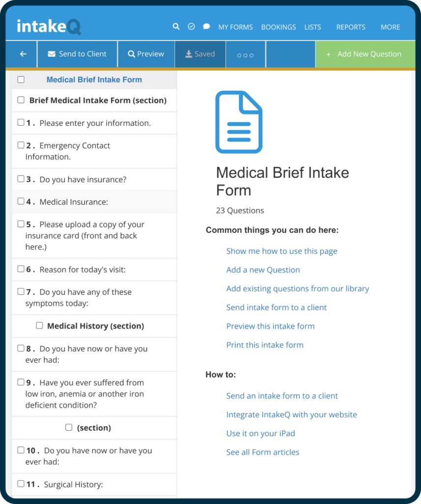 Massage intake form detailing patient questionnaire.