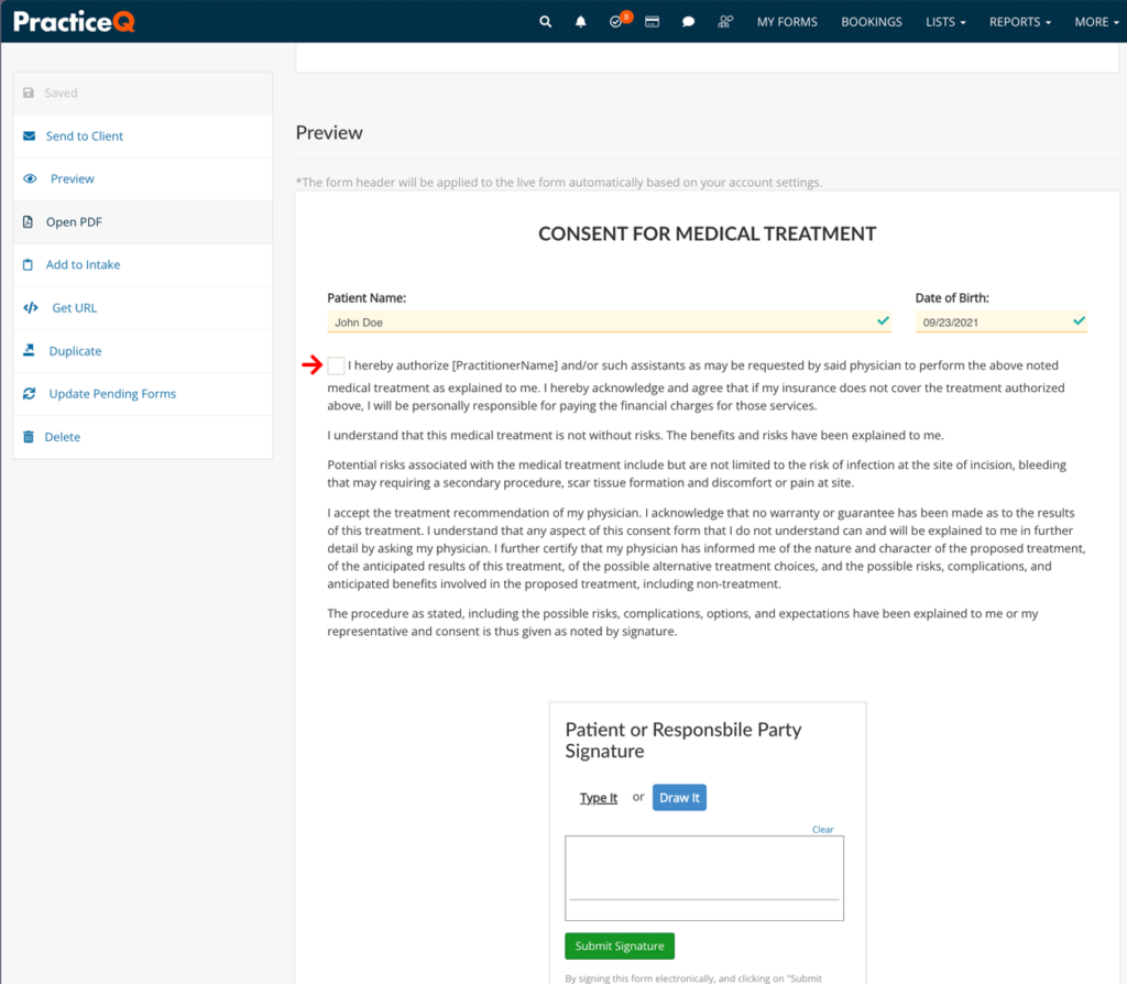 IntakeQ medical consent form preview