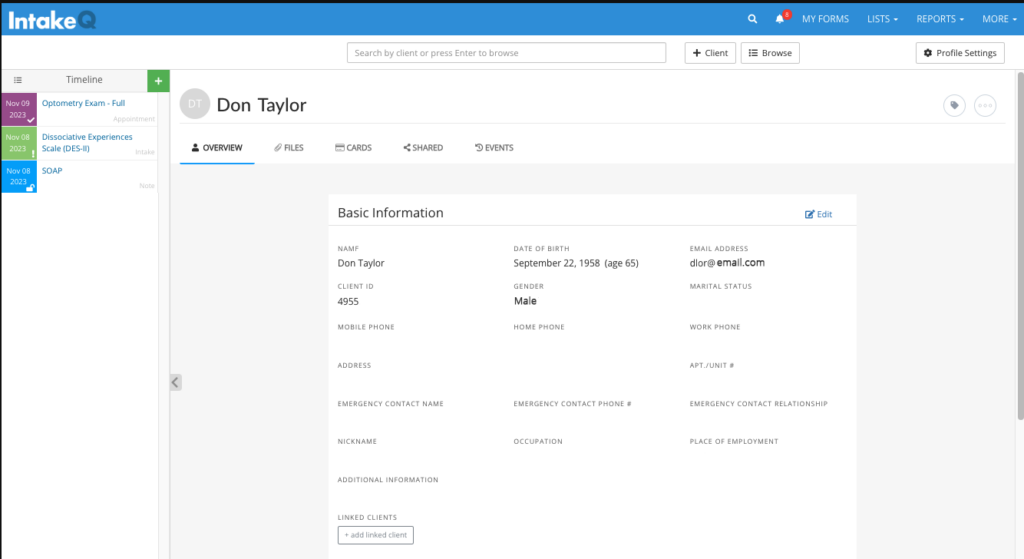 IntakeQ patient overview shows information from patient intake forms.