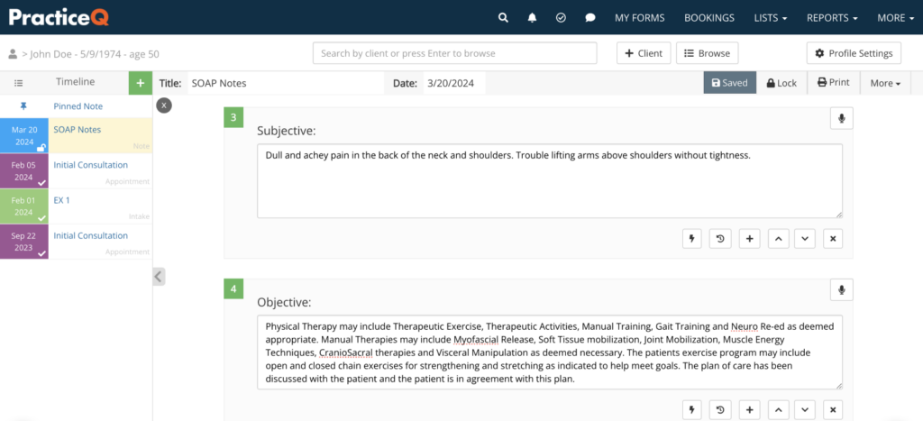 IntakeQ SOAP Notes filled out, detailing subjective patient symptoms and objective observational data.