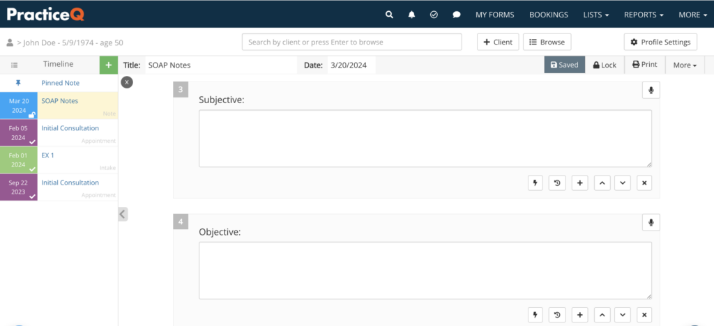 IntakeQ SOAP Notes template shows how to write SOAP note fields to detail patient symptoms and observational data.