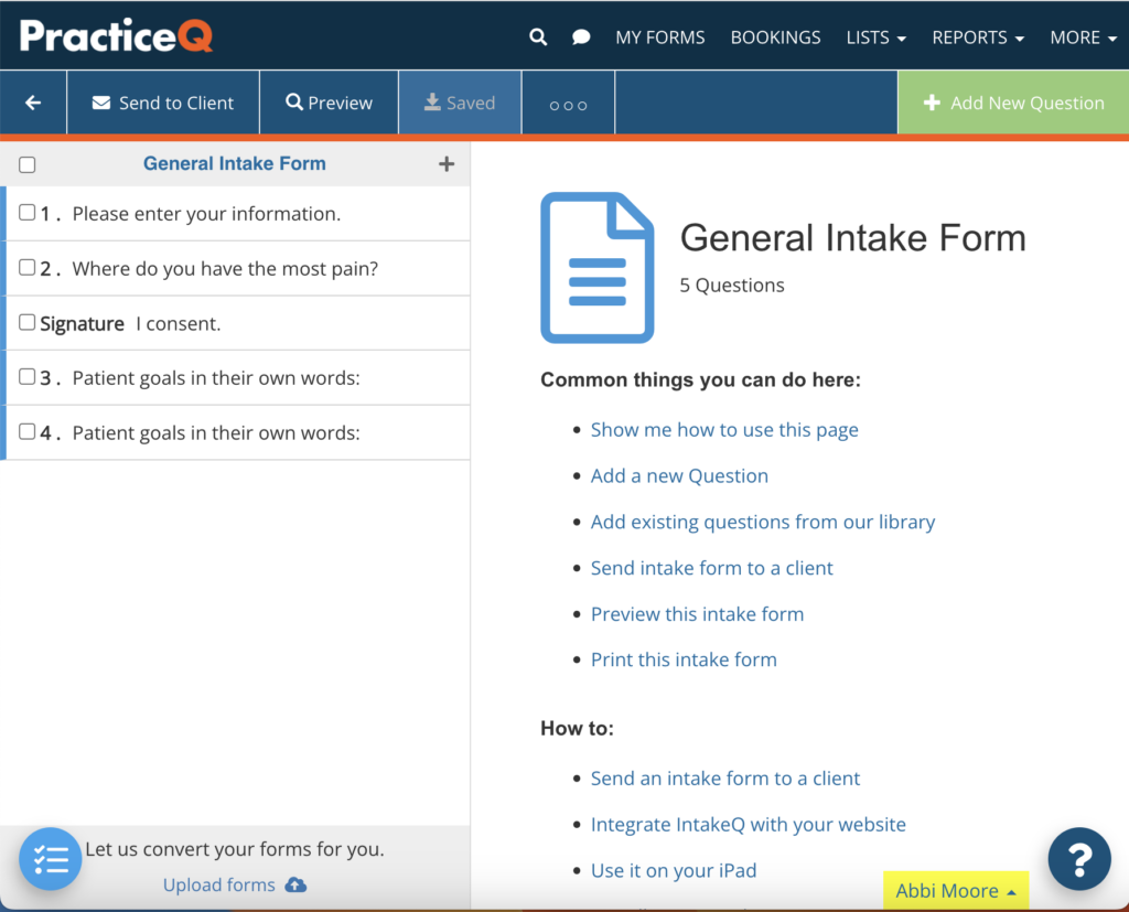 IntakeQ's general intake form allows providers to customize and automate intake.